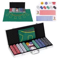   Póker és Blackjack készlet, Multistore D50011501SS, 500 db, 2 pakli kártya, 5 dobókocka, játékszőnyeg 90 x 60 cm, zárható fém koffer, akár 8 játékosig