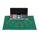 Póker és Blackjack készlet, Multistore D50011501SS, 500 db, 2 pakli kártya, 5 dobókocka, játékszőnyeg 90 x 60 cm, zárható fém koffer, akár 8 játékosig