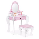 Gyerek sminkasztal, ECOTOYS 2950, 54 x 88 x 38 cm, fehér/rózsaszín, fából készült, tükörrel, fiókkal, ülőkével, 7 db játékkiegészítővel, 3 éves kortól