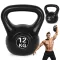Kettlebell súlyzó, ModernHome CK-12-BC, fekete, 12 kg, műanyag burkolat, cement töltet, lapos talp, strapabíró, kezdőknek és haladóknak