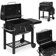   Faszenes grill, GW-01, antracit, porszórt acél, 112,5 x 104 x 48,8 cm, fedeles, beépített hőmérő, polcokkal, kerekek, kézi fújtatóval