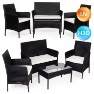   Kerti bútorszett, MultiGarden GT-118-BC-BG, fekete, rattan hatású, 4 részes:  asztal: 70 x 39 cm, 2 szék, 1 pad, edzett üveg asztallap, párnákkal