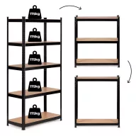   Műhelypolc, ModernHome G9040B, fekete, 180 x 90 x 40 cm, 5 polcos, acél, MDF polclapok, állítható polcmagasság, teherbírás: 175 kg/polc