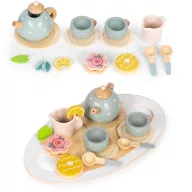   Játék teáskészlet fából, ECOTOYS TL643007, 14 db, tálcával, kannával, csészékkel, filterrel, tányérokkal és sütikkel, 3 éves kortól, realisztikus szerepjátékhoz