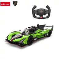   Távirányítós autó, Rastar, Lamborghini SC63 LMDh, fekete/zöld, 36 cm, 1:14 méretarány, teljes irányítás, elemes (5+2 db AA, nem tartozék)