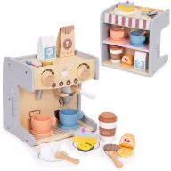   Fa kávéfőző, ECOTOYS HM328245, boltos kiegészítővel, 26 db tartozék, lekerekített élek, 3 éves kortól