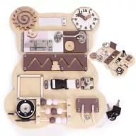  Foglalkoztató tábla, ECOTOYS HM328237, fa, Maci forma, 12 db, 30 x 39 cm, interaktív, fejlesztő, óra, fogaskerék, lakat, 3 éves kortól