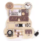 Foglalkoztató tábla, ECOTOYS HM328237, fa, Maci forma, 12 db, 30 x 39 cm, interaktív, fejlesztő, óra, fogaskerék, lakat, 3 éves kortól