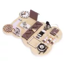 Foglalkoztató tábla, ECOTOYS HM328237, fa, Maci forma, 12 db, 30 x 39 cm, interaktív, fejlesztő, óra, fogaskerék, lakat, 3 éves kortól