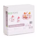 Játék teáskészlet, ECOTOYS HM260872, fa, 14 db, tálcával, csészékkel és kancsóval, epres minta, 3 éves kortól