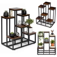   Virágtartó állvány, ModernHome ME-ATS20, fekete, 52 x 34,5 cm, magasság: 67 cm, 6 szintes, porszórt acél, fahatású polclap, teherbírás: 30 kg