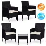   Kerti bútorszett, MultiGarden DN602-1-3, fekete, rattan hatású, időjárásálló, 3 részes, asztal: 41,5 x 41,5 cm, 2 fotel, edzett üveg asztallap, párnákkal