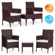   Kerti bútorszett, MultiGarden DN602-2-3, barna, rattan hatású, időjárásálló, 3 részes, asztal: 41,5 x 41,5 cm, 2 fotel, edzett üveg asztallap, párnákkal