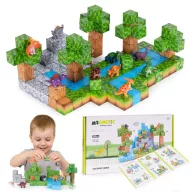   Mágneses építőkocka készlet, Multistore HC713651, 142 db, 25 x 25 x 25 mm, többszínű, műanyag, sablonokkal és dinoszaurusz figurákkal, 3 éves kortól