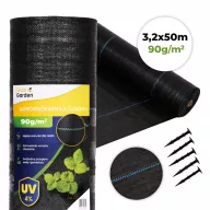   Talajtakaró geotextília, MultiGarden WEED90-M4, 3,2 x 50 m, fekete, nem szőtt, 90 g/m2, tekercs, polipropilén, víz- és légáteresztő, kék vezetőcsíkokkal, 50 db rögzítő tüskével (15 cm)