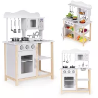   Játékkonyha, ECOTOYS, fa, 59,5 x 29,5 x 84 cm, sütővel és mikrohullámú sütővel, 5 db tartozékkal, forgógombokkal