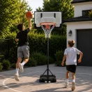 Kosárlabdapalánk, MOVEPRO QSG-S018K, mobil, állítható, 108-210 cm magasság, szabadon álló, kerekekkel, acél váz, PE/PET palánk 73 x 49 cm, 37,5 cm gyűrű, 16,5 l tölthető talp