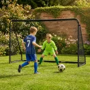Futballkapu, MOVEPRO JSP-DS8033, 240 x 160 x 80 cm, fekete, acél váz, sűrű szövésű PE háló, habszivacs védőborítás, rögzítővel, időjárásálló, szerszám nélkül összeszerelhető