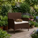 Kerti pad, MultiGarden DNLJA-007-2, barna, 90 x 57 x 84 cm, rattan hatású, párnával, műanyag, poliészter 160 g/m2, teherbírás: 250 kg