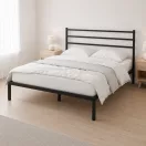 Fém ágykeret, ModernHome GIC-BFWB02, 135 x 190 cm, fekete, fém és fa, fém ágykeret és fejtámla, 400 kg teherbírás