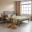 Fém ágykeret, ModernHome GIC-BFWB02, 135 x 190 cm, fekete, fém és fa, fém ágykeret és fejtámla, 400 kg teherbírás