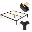 Fém ágykeret, ModernHome GIC-BF03, 135 x 190 cm, fekete, fém és fa, fém ágykeret, minimalista, 400 kg teherbírás