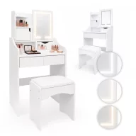   Sminkasztal, ModernHome ZDT-14, 60 x 40 x 130 cm, LED világítással, 3 fényárnyalat, tükör, 3 fiók, 1 polc, ülőke, laminált bútorlap