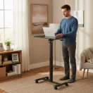 Laptopasztal, ModernHome JNI-PN01-1-1-NP, fekete, 70 x 48 cm, 71,5-112 cm állítható magasság, kerekes, fékezhető görgők, italtartó, fa és fém anyagból, teherbírás: 25 kg