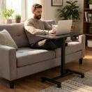 Laptopasztal, ModernHome JNI-PN01-1-1-NP, fekete, 70 x 48 cm, 71,5-112 cm állítható magasság, kerekes, fékezhető görgők, italtartó, fa és fém anyagból, teherbírás: 25 kg