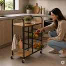 Konyhai tároló, ModernHome GIC-KO85-15, 86,5 x 56,5 x 30 cm, acél váz, MDF polclapok, gurulós, kihúzható kosarakkal, teherbírás: 15 kg