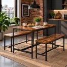 Étkezőasztal 2 paddal, ModernHome CZCY1106075T-7-16, 110 x 60 cm, téglalap alakú, magasság: 75 cm, MDF asztallap, fém váz, 2 db pad: 98 x 30 x 47 cm, fém váz