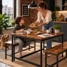 Étkezőasztal 2 paddal, ModernHome CZCY1106075T-7-16, 110 x 60 cm, téglalap alakú, magasság: 75 cm, MDF asztallap, fém váz, 2 db pad: 98 x 30 x 47 cm, fém váz
