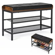   Cipőtároló pad, ModernHome LT1, 80 x 50 x 30 cm, fekete, porszórt acél váz, párnázott műbőr ülőfelület, 2 polc, 90 kg teherbírás