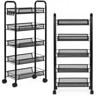  Konyhai tároló, ModernHome VP5-1, 103 x 45 x 26 cm, fekete, 5 szintes, acél váz, gurulós, teherbírás: 15 kg