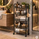 Konyhai tároló, ModernHome VP5-1, 103 x 45 x 26 cm, fekete, 5 szintes, acél váz, gurulós, teherbírás: 15 kg