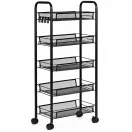 Konyhai tároló, ModernHome VP5-1, 103 x 45 x 26 cm, fekete, 5 szintes, acél váz, gurulós, teherbírás: 15 kg