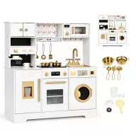  Játékkonyha, ECOTOYS TL106009, fehér, 87,5 x 32,5 x 93 cm, fa, fényhatásokkal, hanghatásokkal, 11 db tartozékkal, sütővel, mosógéppel, kávégéppel, mosogatóval, 3 éves kortól
