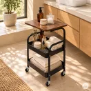 Konyhai tároló, ModernHome VP3-1, 42 x 29 x 75,5 cm, 3 szintes, acél váz, MDF munkalap, gurulós, 4 görgővel (2 fékezhető), teherbírás: 15 kg