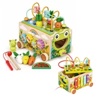   Készségfejlesztő játék, ECOTOYS HM328140, 8 az 1-ben, békás, 22 x 16 x 19 cm, fa, motorikus labirintus, formaválogató, forgó fogaskerekek, óra, cimbalom, mágneses bogárhorgászat, 3 éves kortól