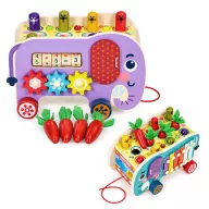   Készségfejlesztő játék, ECOTOYS HM328141, 8 az 1-ben, elefántos, 23 x 14 x 15 cm, fa, formabedobó, xilofon, óra, bogárhorgászat, számolókockák