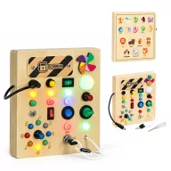   Készségfejlesztő játék, ECOTOYS MLD-8878, fa, 18 x 16 x 3 cm, LED fényeffektekkel, kapcsolókkal, gombokkal, forgatható tekerőkkel, kulcsos indítóval, ventilátorral, hátoldalán számokkal, 3 éves kortól