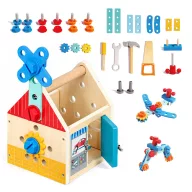   Fa gyerek munkapad, ECOTOYS HM261052, 15 x 16 x 19 cm, 32 elemes, házikó alakú, ajtóval, kalapács, kulcs, csavarhúzó, fűrész, csavarok, anyák, lécek és fogaskerekek, 3 éves kortól