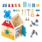 Fa gyerek munkapad, ECOTOYS HM261052, 15 x 16 x 19 cm, 32 elemes, házikó alakú, ajtóval, kalapács, kulcs, csavarhúzó, fűrész, csavarok, anyák, lécek és fogaskerekek, 3 éves kortól
