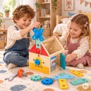 Fa gyerek munkapad, ECOTOYS HM261052, 15 x 16 x 19 cm, 32 elemes, házikó alakú, ajtóval, kalapács, kulcs, csavarhúzó, fűrész, csavarok, anyák, lécek és fogaskerekek, 3 éves kortól