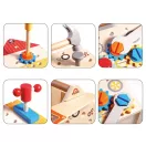 Fa gyerek munkapad, ECOTOYS HM261052, 15 x 16 x 19 cm, 32 elemes, házikó alakú, ajtóval, kalapács, kulcs, csavarhúzó, fűrész, csavarok, anyák, lécek és fogaskerekek, 3 éves kortól