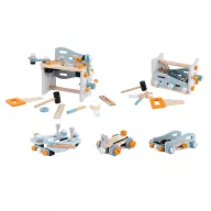   Szerszámos építőkészlet, ECOTOYS 1182N, fa, 52 tartozékkal, csavarozható elemekkel, kreatív, készségfejlesztő, 3 éves kortól