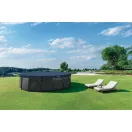 Kerek medencetakaró, Intex Deluxe négyévszakos, csővázas medencéhez, 488 cm átmérő, sötétkék, UV-álló háromrétegű anyag, 20 cm-es túlnyúlással, köteles rögzítéssel (28084)
