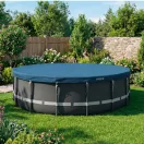 Kerek medencetakaró, Intex Deluxe négyévszakos, csővázas medencéhez, 488 cm átmérő, sötétkék, UV-álló háromrétegű anyag, 20 cm-es túlnyúlással, köteles rögzítéssel (28084)
