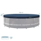 Kerek medencetakaró, Intex Deluxe négyévszakos, csővázas medencéhez, 488 cm átmérő, sötétkék, UV-álló háromrétegű anyag, 20 cm-es túlnyúlással, köteles rögzítéssel (28084)
