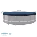 Kerek medencetakaró, Intex Deluxe négyévszakos, csővázas medencéhez, 549 cm átmérő, sötétkék, UV-álló háromrétegű anyag, 20 cm-es túlnyúlással, köteles rögzítéssel (28085)